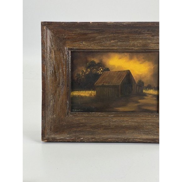 TEXAS ARTIST M. VERMILLION SIGNED OIL LANDSCAPE PAINTING-CABIN YELLOW SKY TREES - Picture 14 of 14